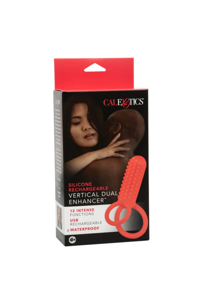 Cal Exotics - Couples Enhancer - Silicone Rechargeable Vertical Dual Cock Ring - Red - Image 10