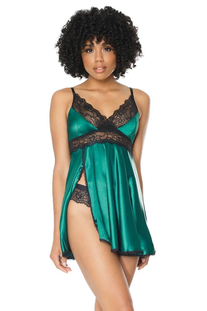 Coquette - 20302 - Lace & Satin Babydoll & Thong Set - Green/Black