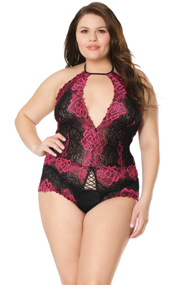 Coquette - 21126X - Plus Size Crotchless Lace Teddy - Black/Fuchsia - OS/XL - Image 2