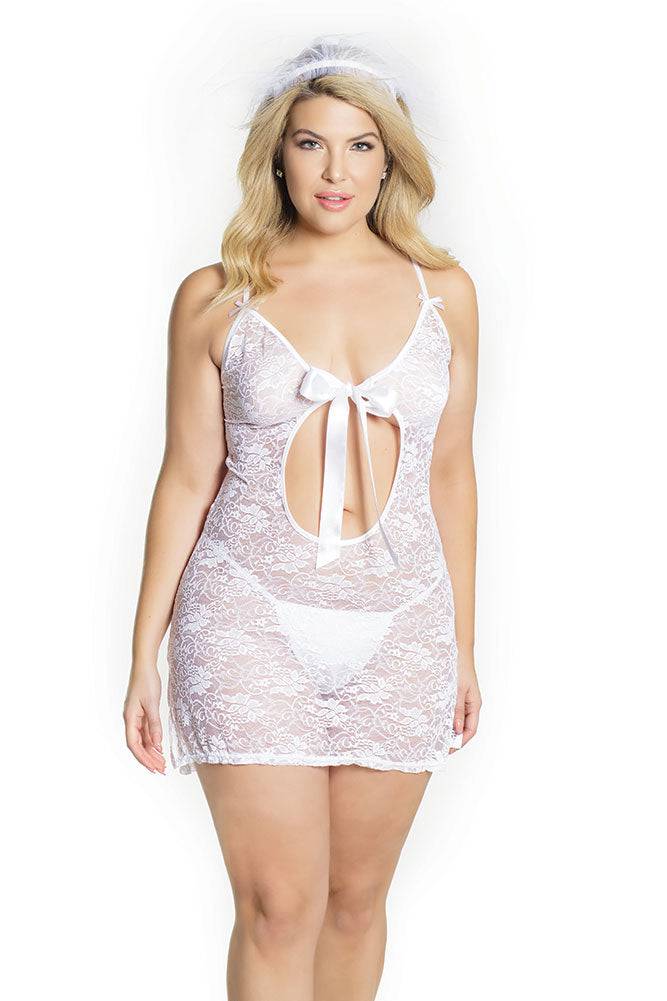 Coquette - 2577X - Bridal Chemise & Veil Set - White - OSXL