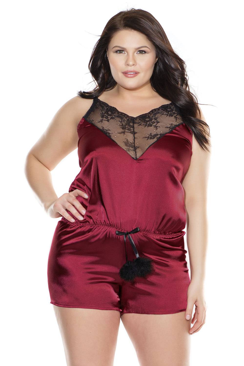 Coquette - 3872X - Satin Romper - Merlot/Black - OSXL