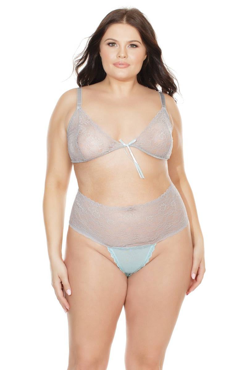 Coquette - 7055X - Bra and Crotchless Panty - Misty Blue/Grey - OS/XL