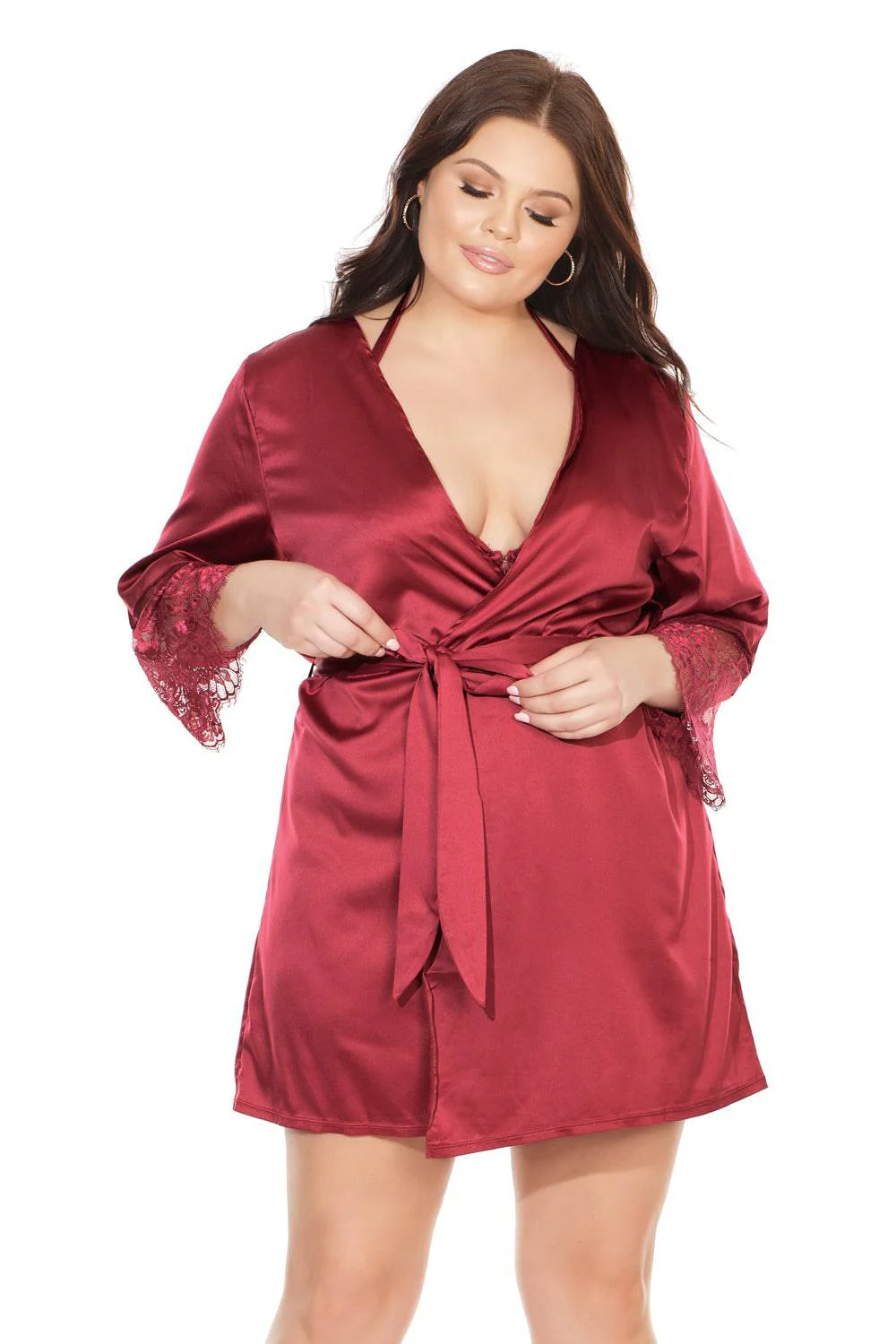 Coquette - 7224X - Satin Robe with Lace Finish - Merlot - OSXL