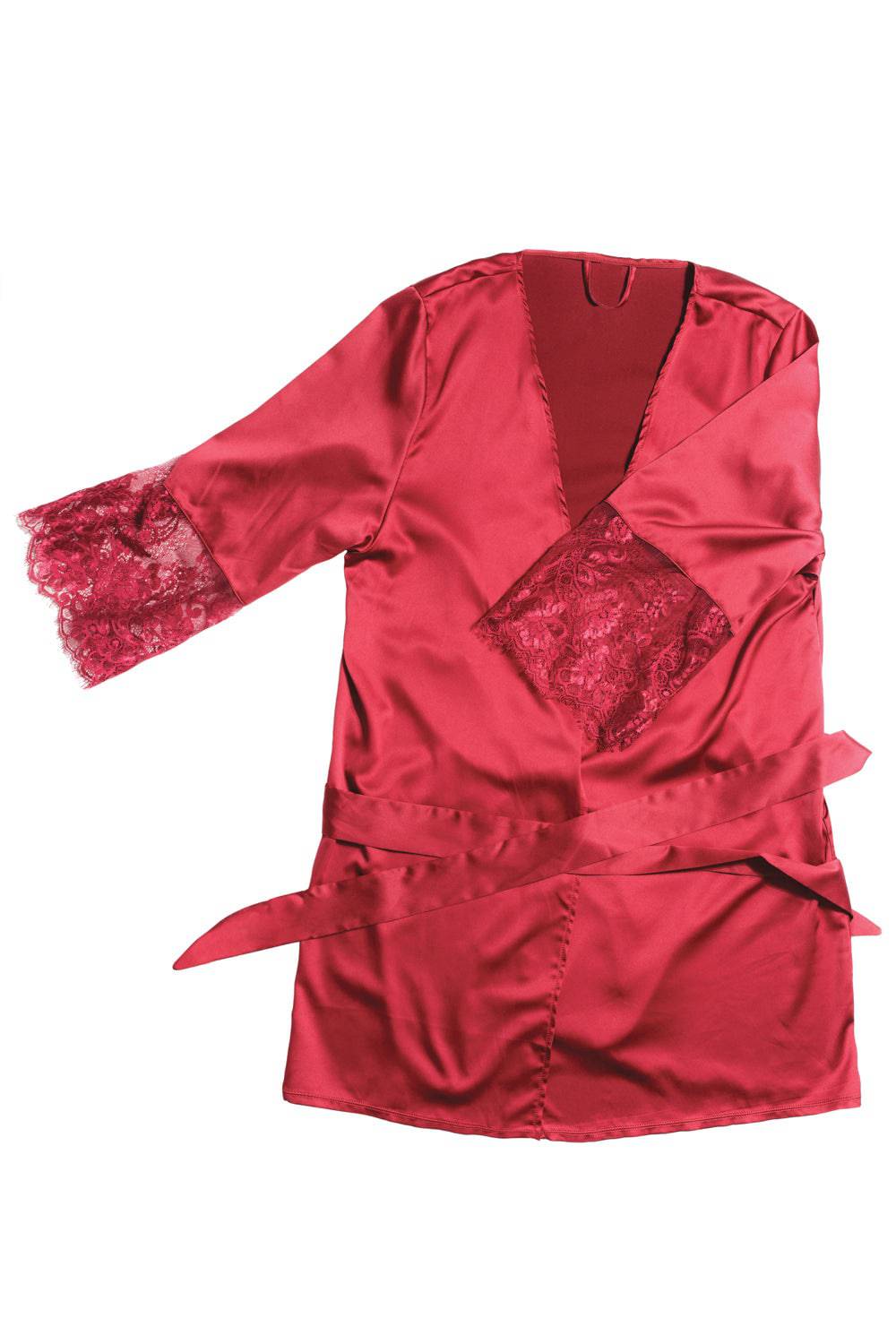 Coquette - 7224X - Satin Robe with Lace Finish - Merlot - OSXL - Image 2