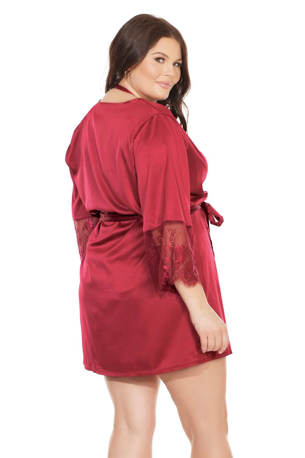 Coquette - 7224X - Satin Robe with Lace Finish - Merlot - OSXL - Image 3