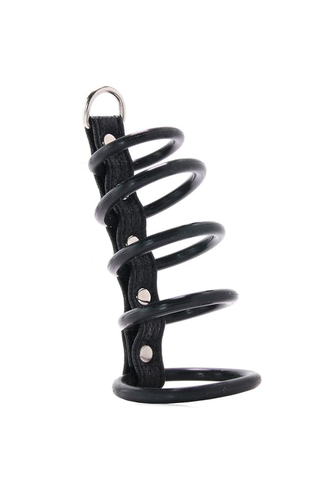 Electric Eel - Blue Line - 5 Ring Rubber Gates Of Hell Cock Cage With Lead - Black - Image 4