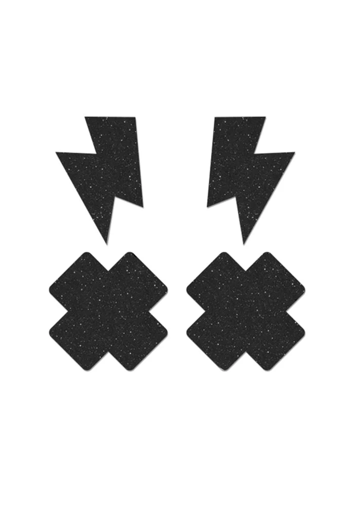 Fantasy Lingerie - Black Glitter Cross & Lightning Bolt Pasties Set - 2 Pair