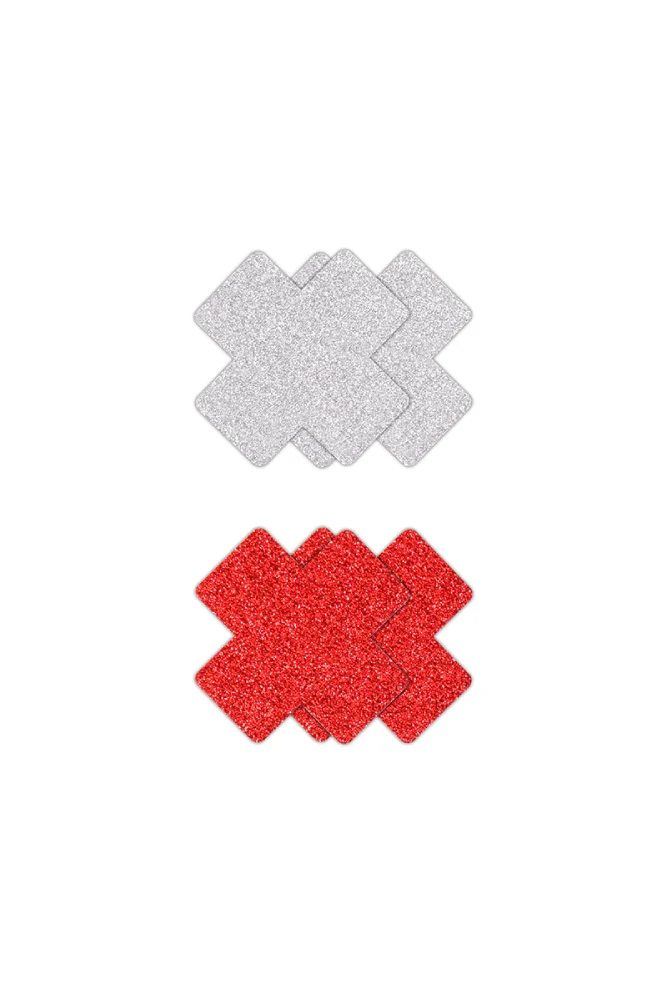 NS Novelties - Pretty Pasties - Cross Glitter Pasties 2 Pair - Silver/Red