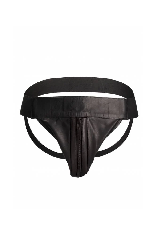 Ouch by Shots Toys - Premium Leather Zipper Front Jock Strap - Black