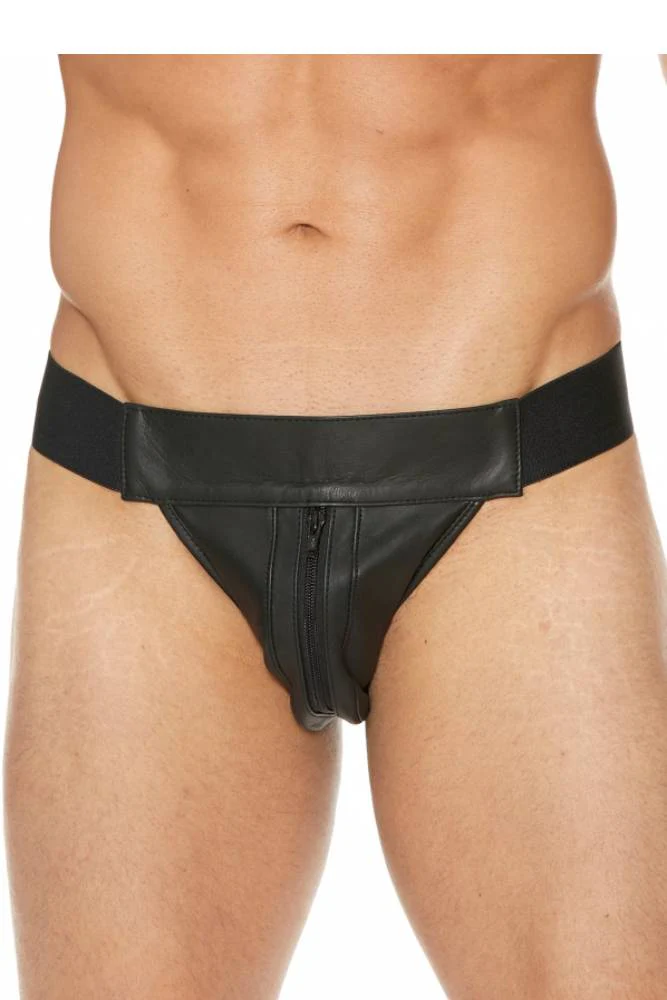 Ouch by Shots Toys - Premium Leather Zipper Front Jock Strap - Black - Image 2