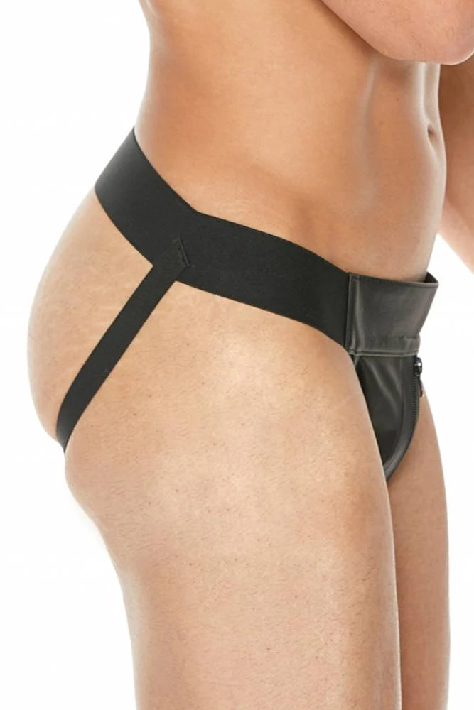 Ouch by Shots Toys - Premium Leather Zipper Front Jock Strap - Black - Image 3