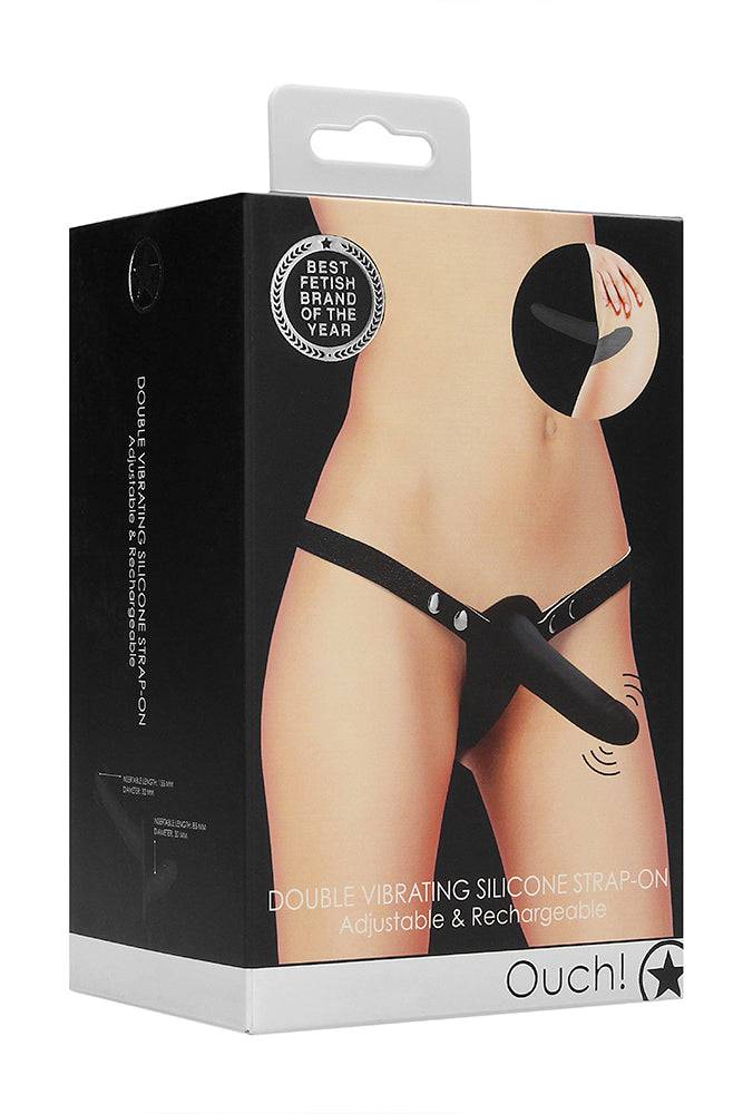 Ouch by Shots - Vibrating Double Adjustable Silicone Strap-On - Black - Image 6