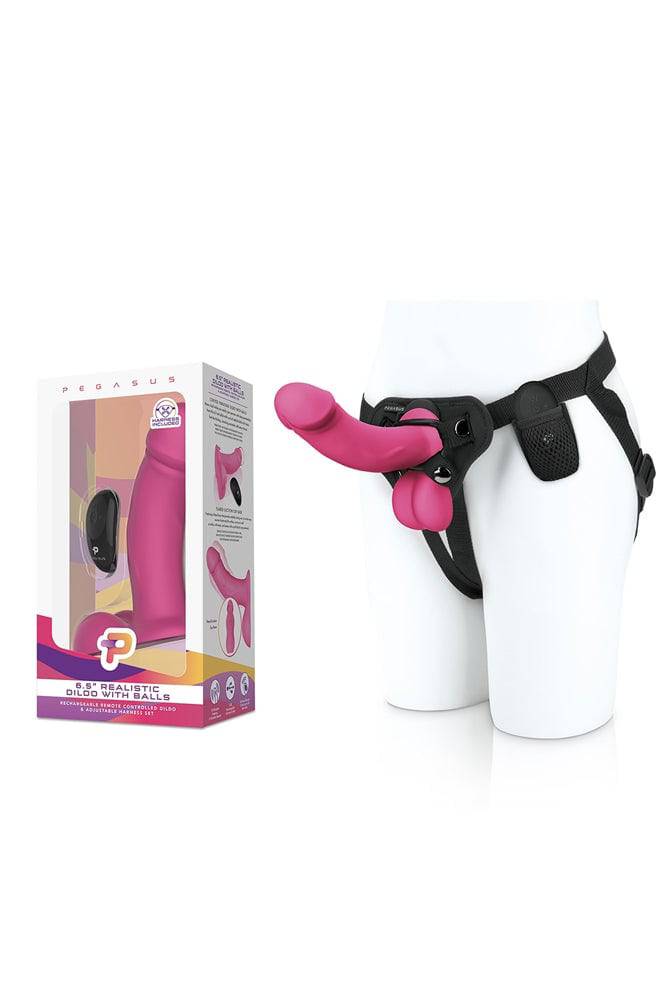 Pegasus - 6.5" Remote Control Realistic Silicone Dildo With Balls And Harness - Pink